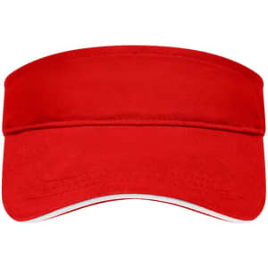 A red sun visor featuring a wide brim and a white underside, with a logo present on the front.