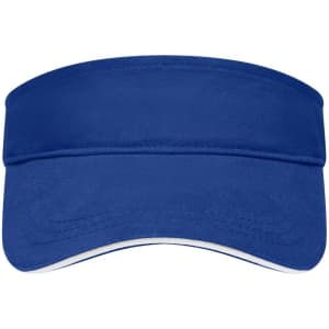 A blue sandwich sunvisor with a wide brim and a white underside. It features a logo on the front.