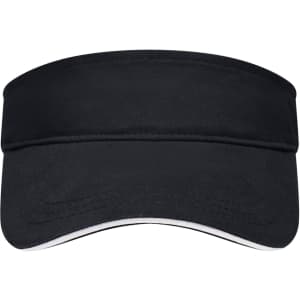 A black sun visor with a wide brim and white accents, featuring a logo on the front.