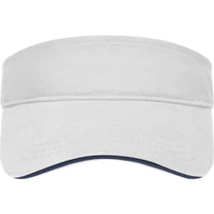 A white sun visor with a navy trim, featuring a solid design and a curved brim. It has a logo on the front.
