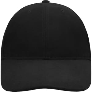 A black 6-panel cap with a soft lining, featuring a curved visor and an adjustable strap.