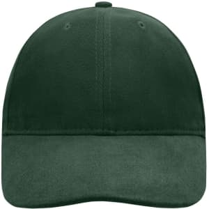 A dark green 6 panel cap with a smooth finish and a logo on the front.