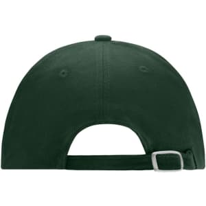 A dark green 6 panel cap featuring a back strap for adjustable sizing and a branding logo.