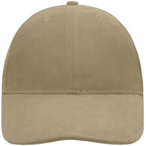 A tan six-panel cap with a soft lining and a curved brim, featuring a logo on the front.
