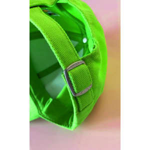 A vibrant green 6-panel cap with soft lining and a metallic adjustment buckle at the back.