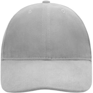 A grey 6-panel cap with a soft lining, featuring a logo on the front.
