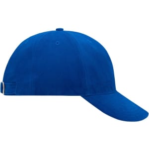 A blue six-panel cap with a curved brim and an adjustable strap at the back, featuring a logo.