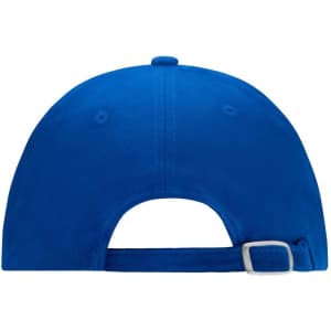 A blue 6 Panel Softlining Raver Cap with an adjustable strap at the back and a logo.