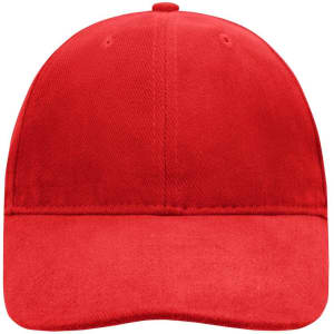 A red 6-panel cap with a soft lining and a logo on the front.