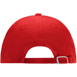 A red 6 panel softlining cap featuring an adjustable strap at the back and a branding logo.