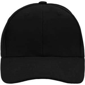 A black 6 panel raver cap featuring a curved brim and a simple design, with a logo on the front.