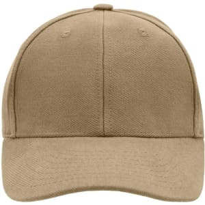 A beige 6-panel cap with a structured design and a round crown, featuring a logo on the front.