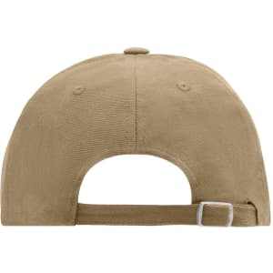 A tan 6 panel cap featuring a back adjustable strap and a logo on the side.