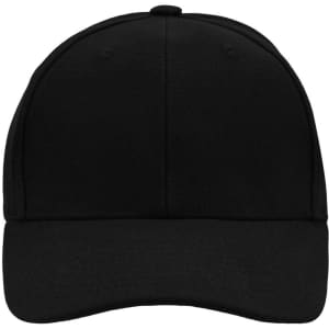 A black 6 Panel Raver Cap with a curved brim and a structured crown, featuring a logo.