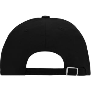 A black 6-panel raver cap featuring a rear adjustable strap and a button on top. It has a logo on the back.