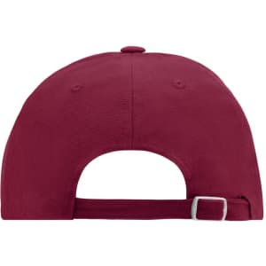 A maroon 6-panel cap featuring a adjustable strap and logo on the back.