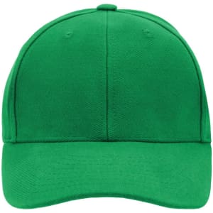 A green 6-panel cap featuring a structured design and an adjustable back. It has a logo on the side.