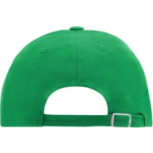A green 6 Panel Raver Cap with an adjustable strap at the back and a logo.