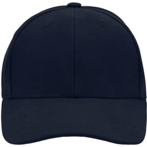 A navy blue 6 panel cap with a structured design and a brim. It features a logo on the front.