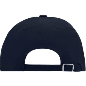 A navy blue 6 Panel Raver Cap featuring an adjustable strap and a logo on the back.
