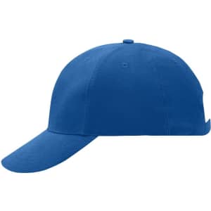 A blue 6 panel raver cap featuring an adjustable strap and a logo on the side.