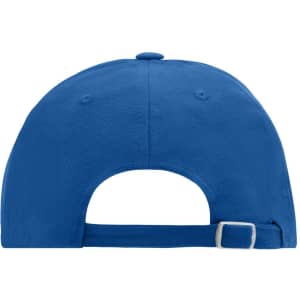 A blue 6 panel cap featuring a curved brim and an adjustable strap at the back, with logo branding.