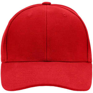 A red six-panel raver cap with a curved brim, featuring a logo on the front.