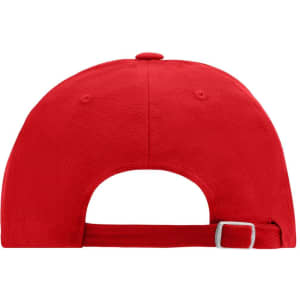 A red 6 panel cap featuring an adjustable strap and a top button, with a logo on the back.