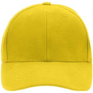A yellow 6-panel cap with a structured design and a logo on the front.
