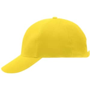A bright yellow 6 Panel Raver Cap with a curved brim and an adjustable back, featuring a logo.