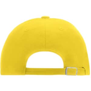 A bright yellow 6-panel cap featuring an adjustable strap and a logo on the back.