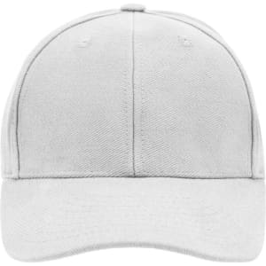 A white 6 Panel Raver Cap featuring a logo on the front.