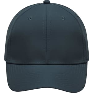 A six-panel polyester cap in dark navy, featuring a curved brim and one branding logo.
