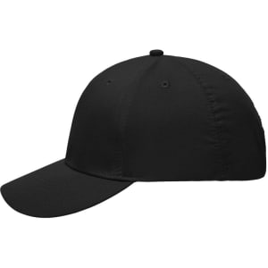 A black six-panel polyester cap featuring a curved peak and a logo on the front.