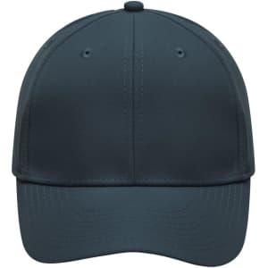A grey 6-panel polyester cap with a rounded crown and a logo on the front.