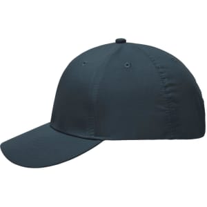 A navy blue 6-panel polyester peach cap featuring a curved peak and ventilation holes. It includes a logo.