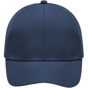 A navy blue 6-panel polyester peach cap with a logo on the front and ventilation holes on the top.