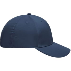 A navy blue 6 panel polyester cap featuring a structured design and a logo on the front.