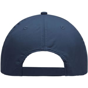 A navy blue 6 panel polyester cap featuring a rear opening and a ventilation eyelet. It includes a logo on the side.