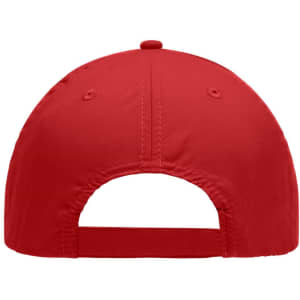 A red 6-panel polyester cap featuring a secured back and ventilation holes. The cap has a branding logo.