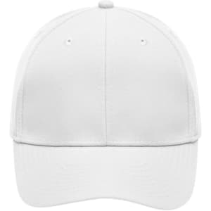 A white 6-panel polyester cap with a curved brim and a logo on the front.