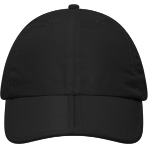 A black six-panel cap featuring a curved brim and a logo on the front. Ideal for casual wear.