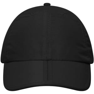 A black six-panel cap featuring a curved brim and a logo on the front.