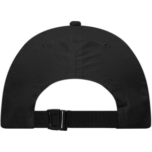 A black cap featuring a adjustable strap and ventilation holes at the back, designed for comfort and fit.