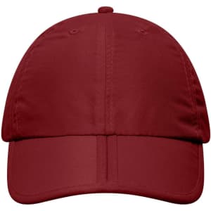 A maroon cap featuring a baseball-style design and a logo on the front. It has a structured, six-panel construction.