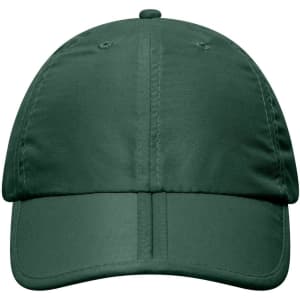 A green six-panel cap with a curved brim and an adjustable strap at the back. It features a logo on the front.