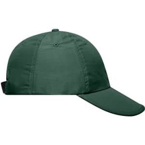 A green 6-panel cap with a curved peak, featuring a black adjustable strap at the back and a logo.