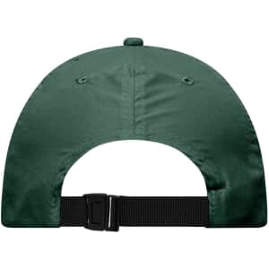 A green cap with a black adjustable strap at the back, featuring ventilation eyelets and a button on top.