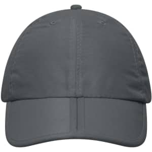 A grey cap with a structured front and a curved brim, featuring a logo on its side.