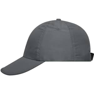 A grey six-panel cap featuring a curved brim and an adjustable strap at the back. It has a logo on the side.